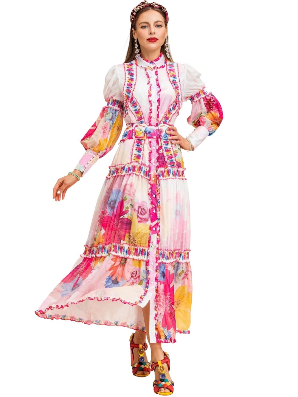 Lantern Sleeve Printed Holiday Maxi Dress - Image 6