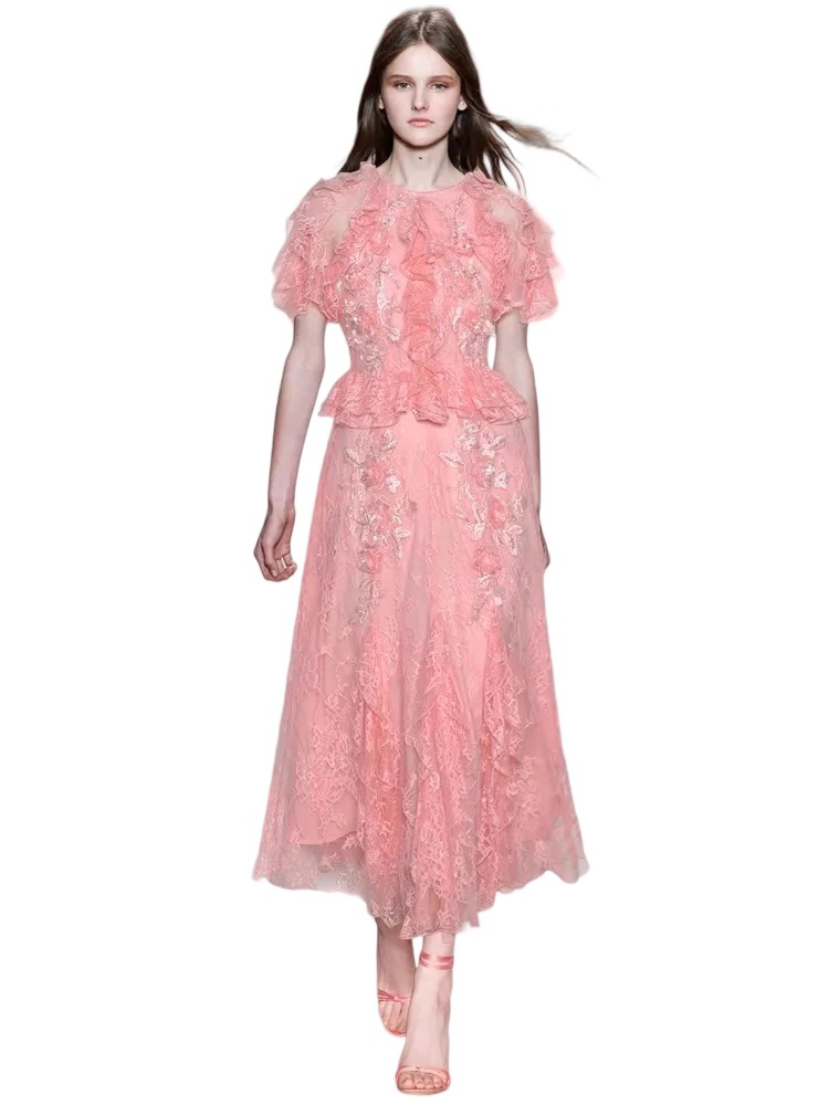 3D Floral Sequin Princess Dress with Ruffle Lace Sleeves