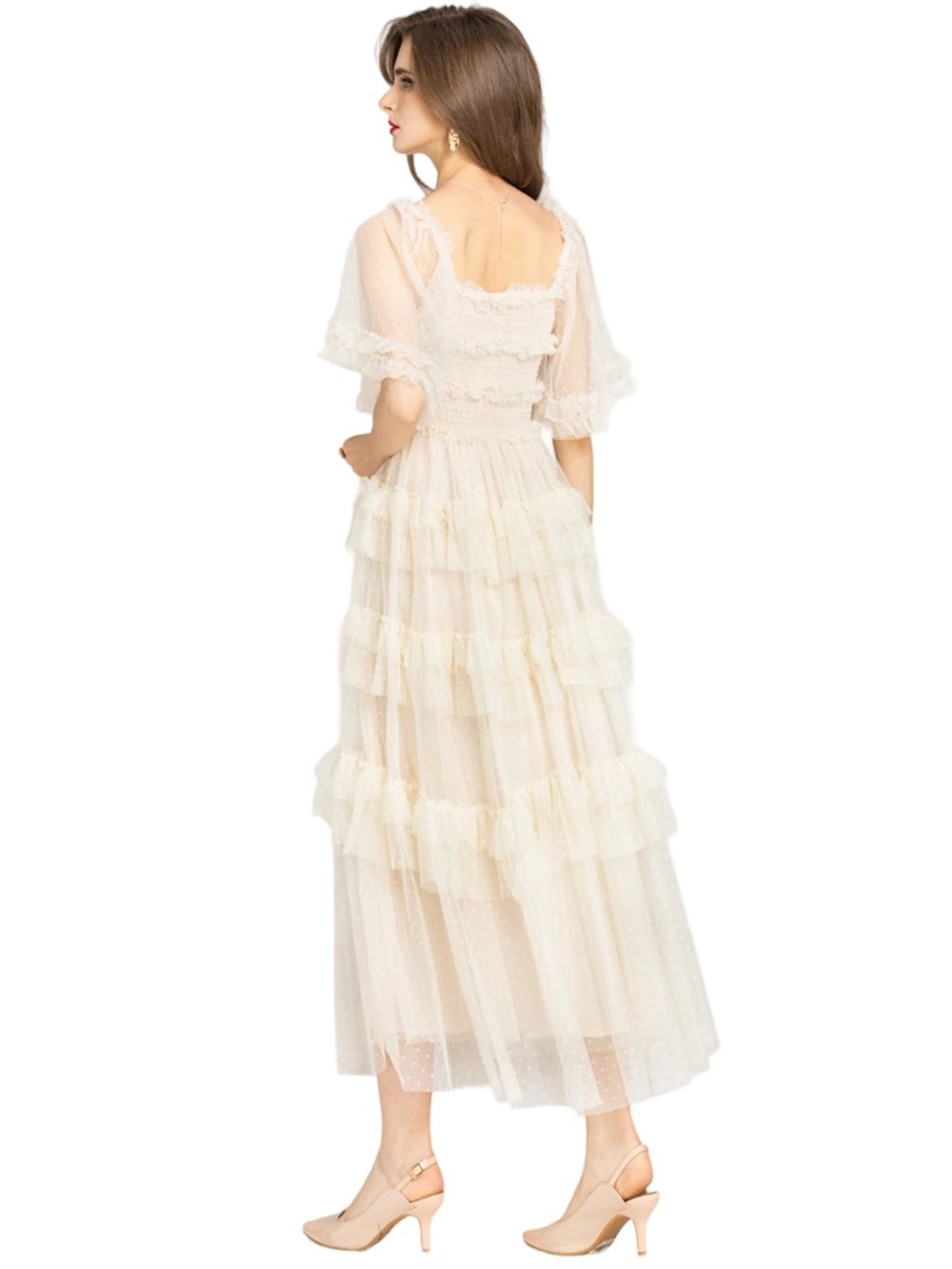 Summer Pink Mesh Polka Flare Ruffle Dress - Image 13