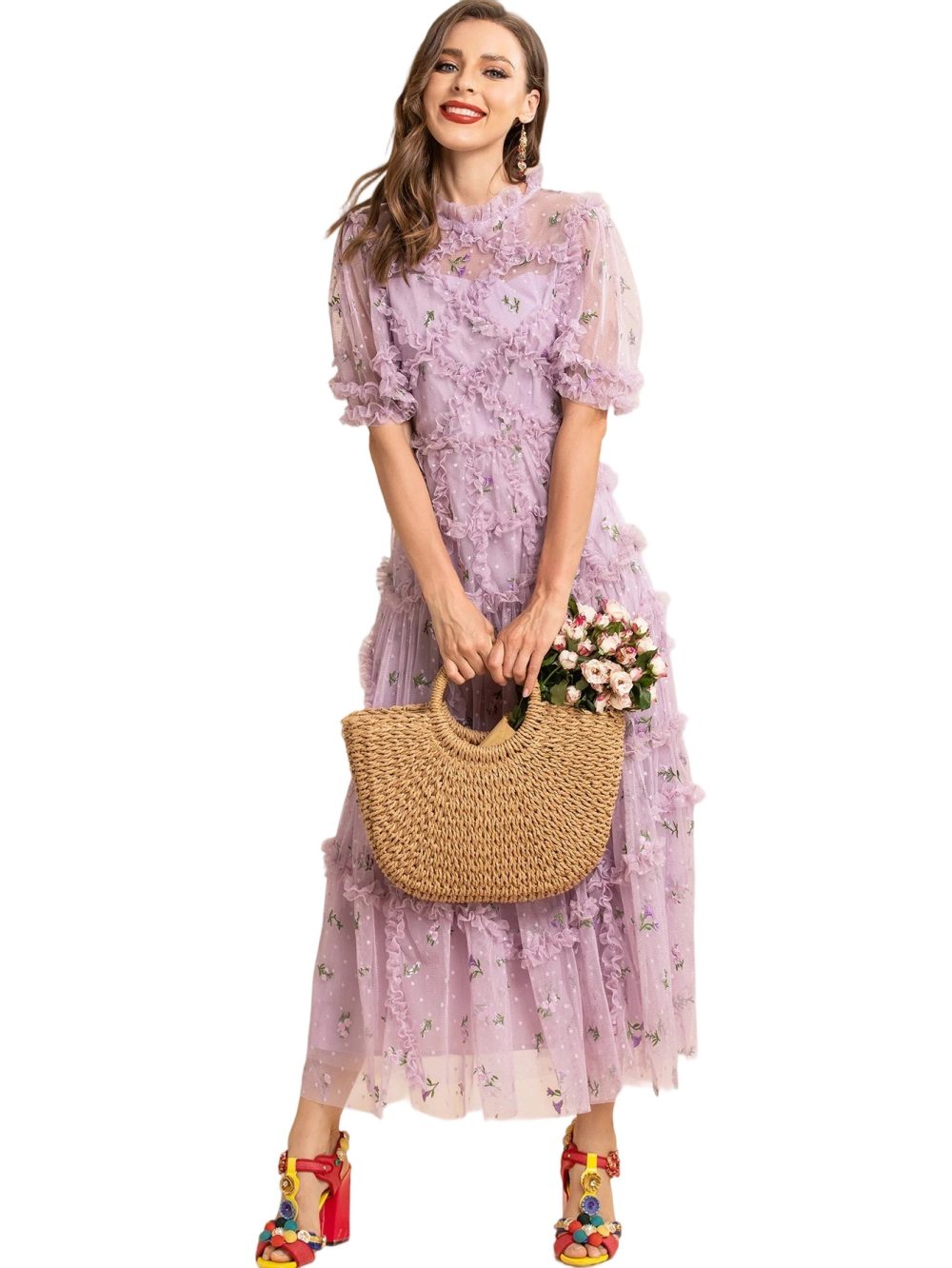 Bohemian Floral Lantern Sleeve Chiffon Dress - Image 3