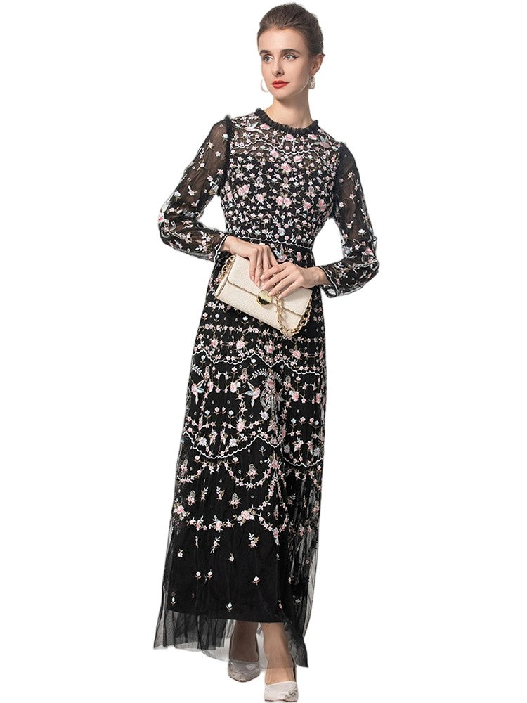 Mesh embroidery retro long-sleeved high-waist evening dress
