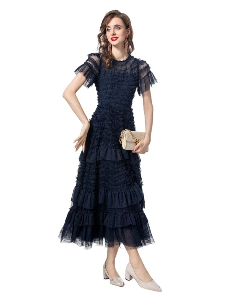 Polka dot embroidered ruffle dress
