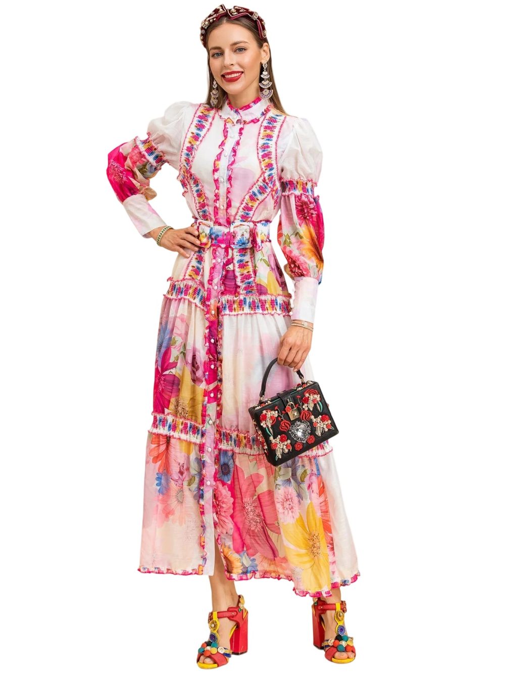 Lantern Sleeve Printed Holiday Maxi Dress - Image 9