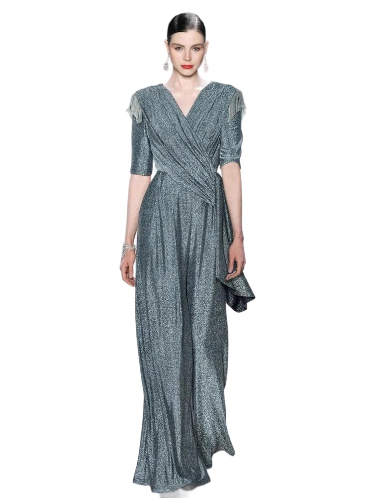 Sparkling jumpsuits with tassel and ruffled edges