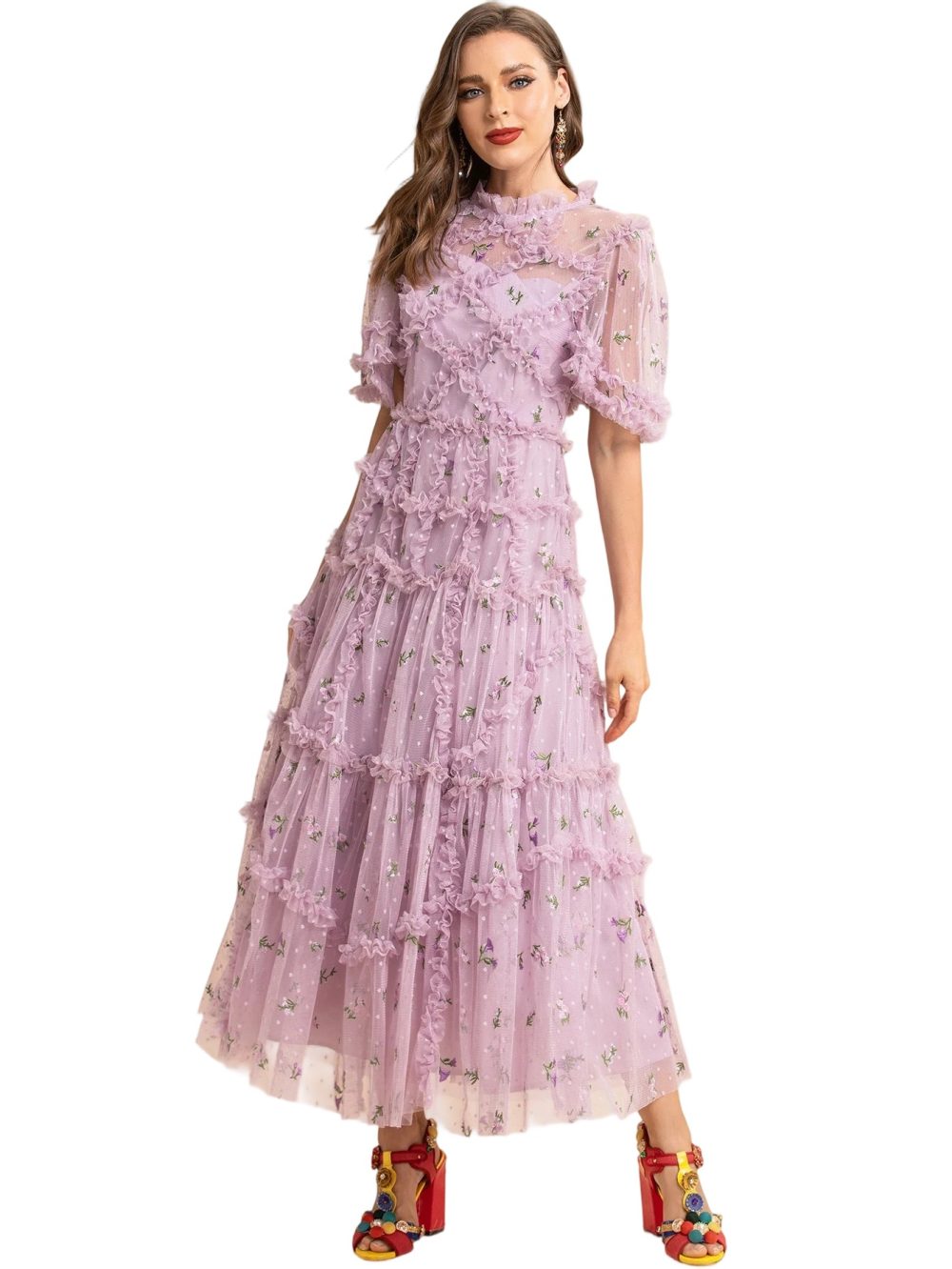 Designer Purple Floral Puff Ruffle Party Dress - Image 5