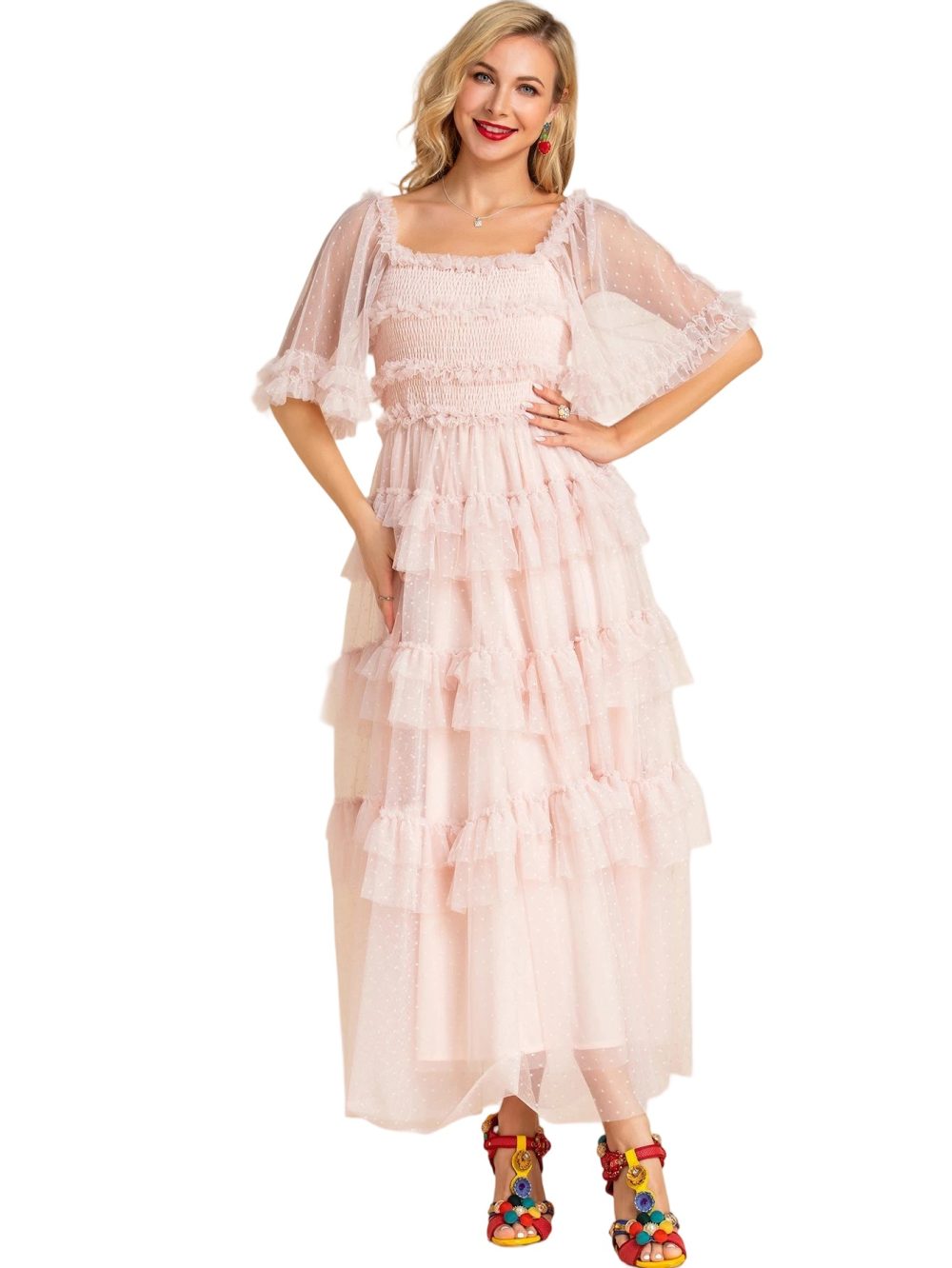 Summer Pink Mesh Polka Flare Ruffle Dress - Image 3