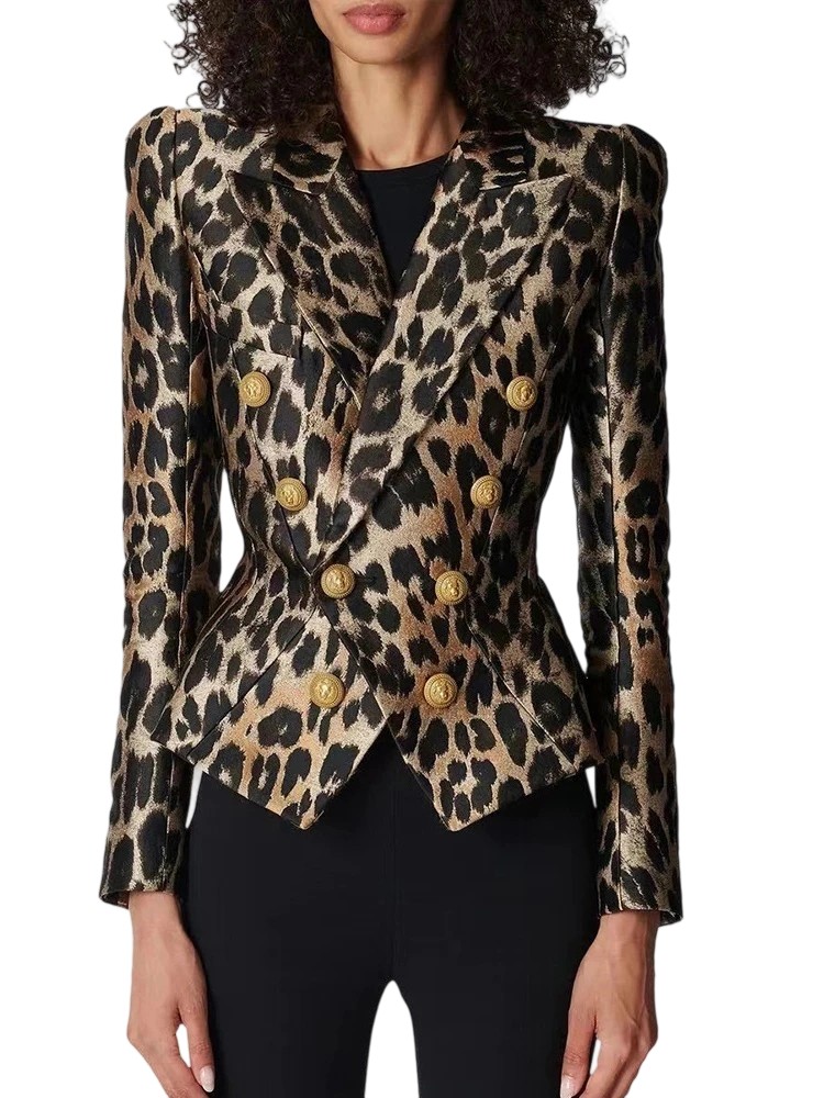 Vintage leopard print double-breasted slim-fit travel jacket