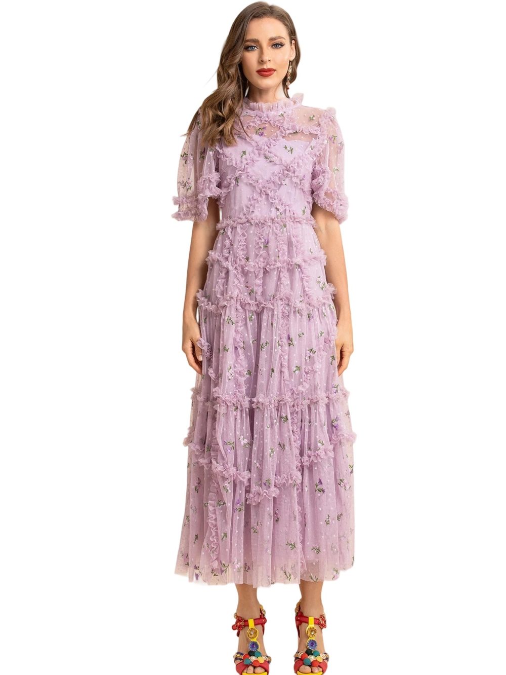 Designer Purple Floral Puff Ruffle Party Dress - Image 4