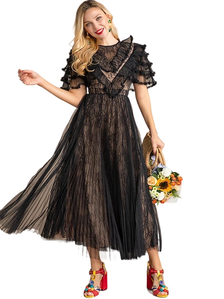 Summer Black Mesh Lace Pleated Midi Dress