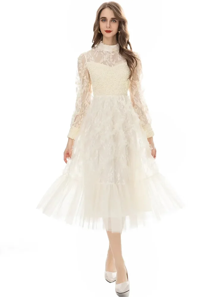 Stand Collar Applique Long Sleeve Vintage Party Dress