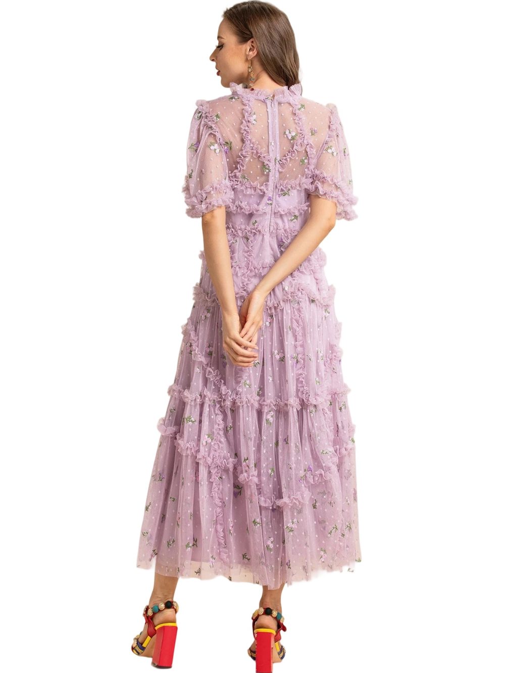 Designer Purple Floral Puff Ruffle Party Dress - Image 2
