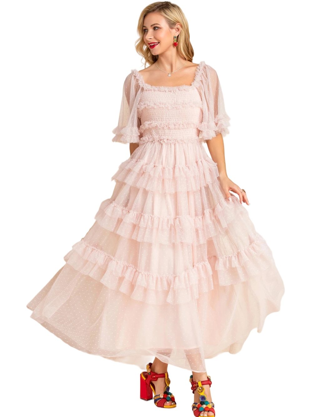 Summer Pink Mesh Polka Flare Ruffle Dress - Image 4