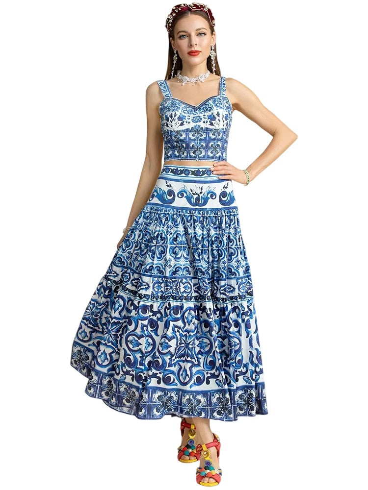 Short Spaghetti Strap Top and Blue and White Porcelain Skirt Two-Piece Set