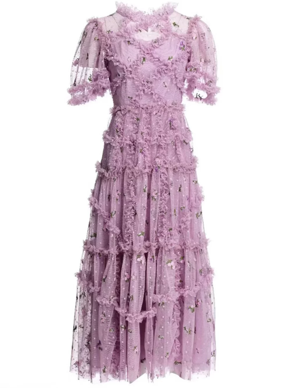 Designer Purple Floral Puff Ruffle Party Dress - Image 7