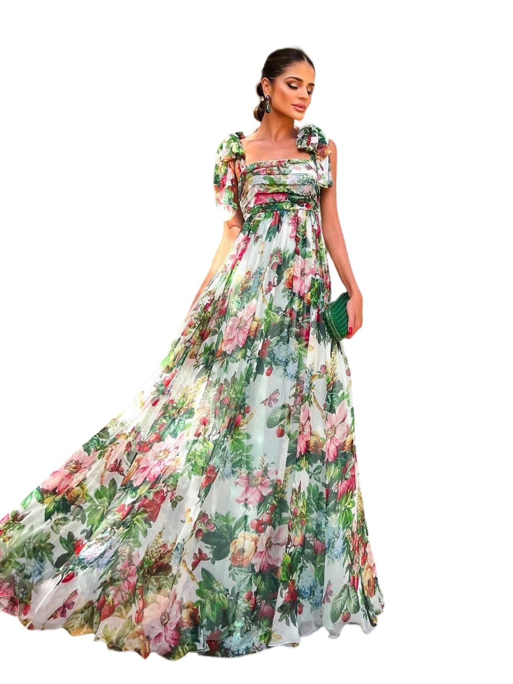 Chiffon Bow Shoulder Bohemian Floral Print Maxi Dress - Image 3