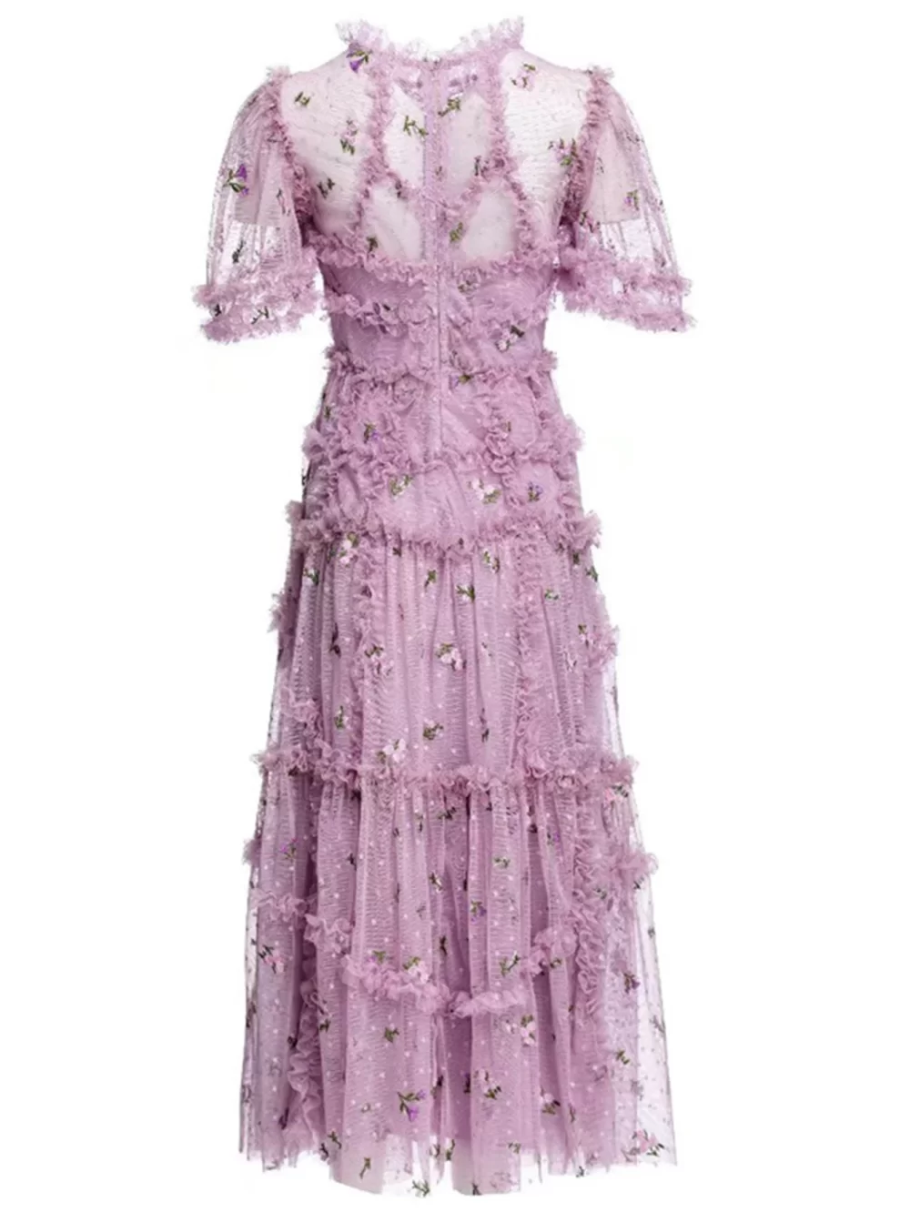 Designer Purple Floral Puff Ruffle Party Dress - Image 6