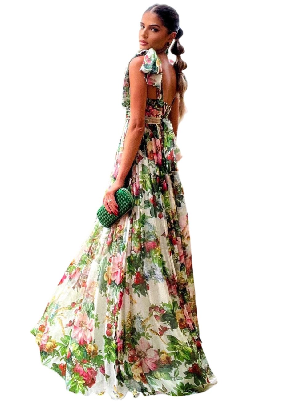 Chiffon Bow Shoulder Bohemian Floral Print Maxi Dress - Image 5