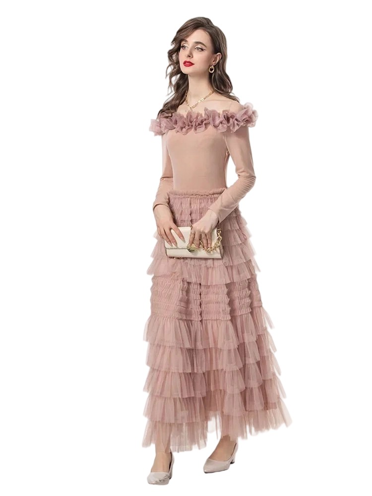 Elastic waist retro applique mesh ruffle dress