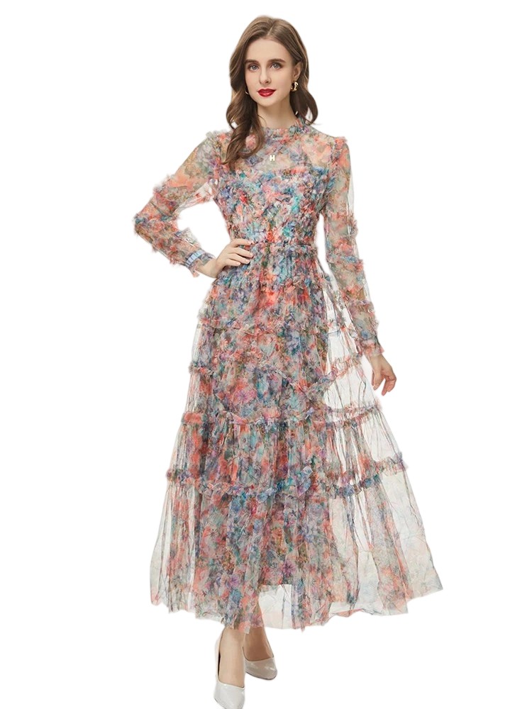 Floral Lace Party Dress with Cascading Ruffle High Waist