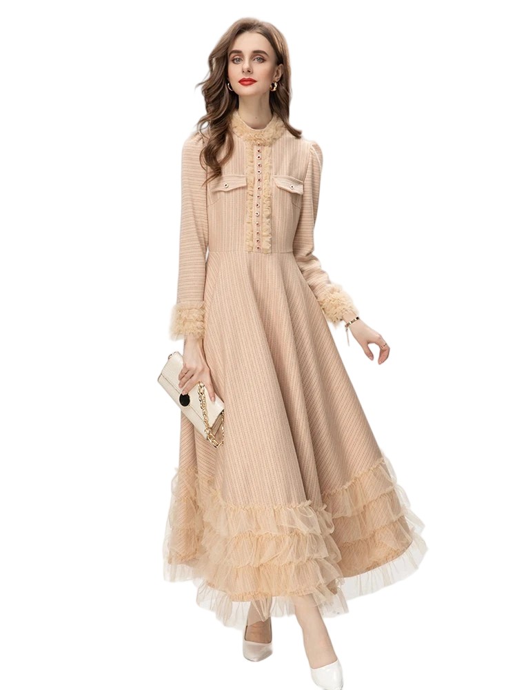 Paneled long-sleeved single-breasted ruffled lace dress