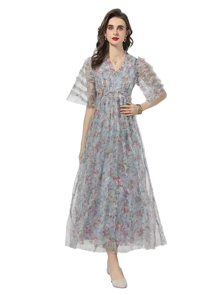 Bohemian mesh floral print dress