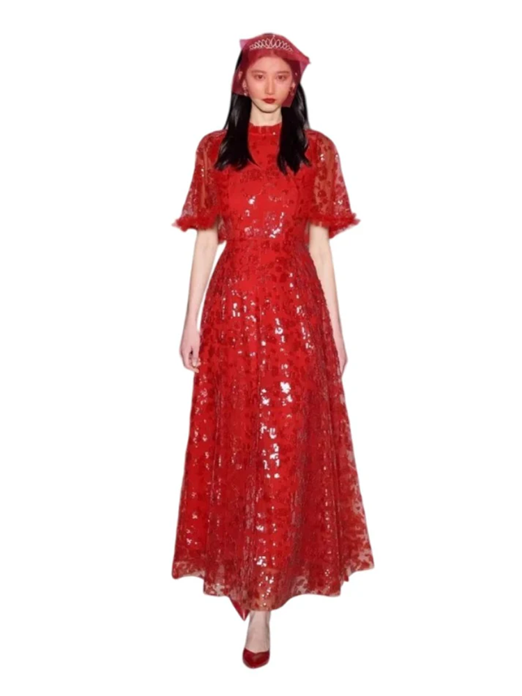 Women's Fashion Dress Stand collar Short-Sleeved Mesh Sequins Slim Red large swing Dresses Summer novelty