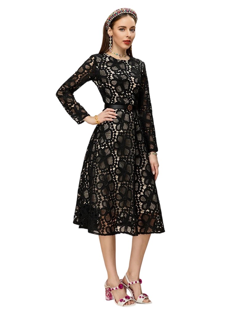 Vintage Black Hollow Print Dress