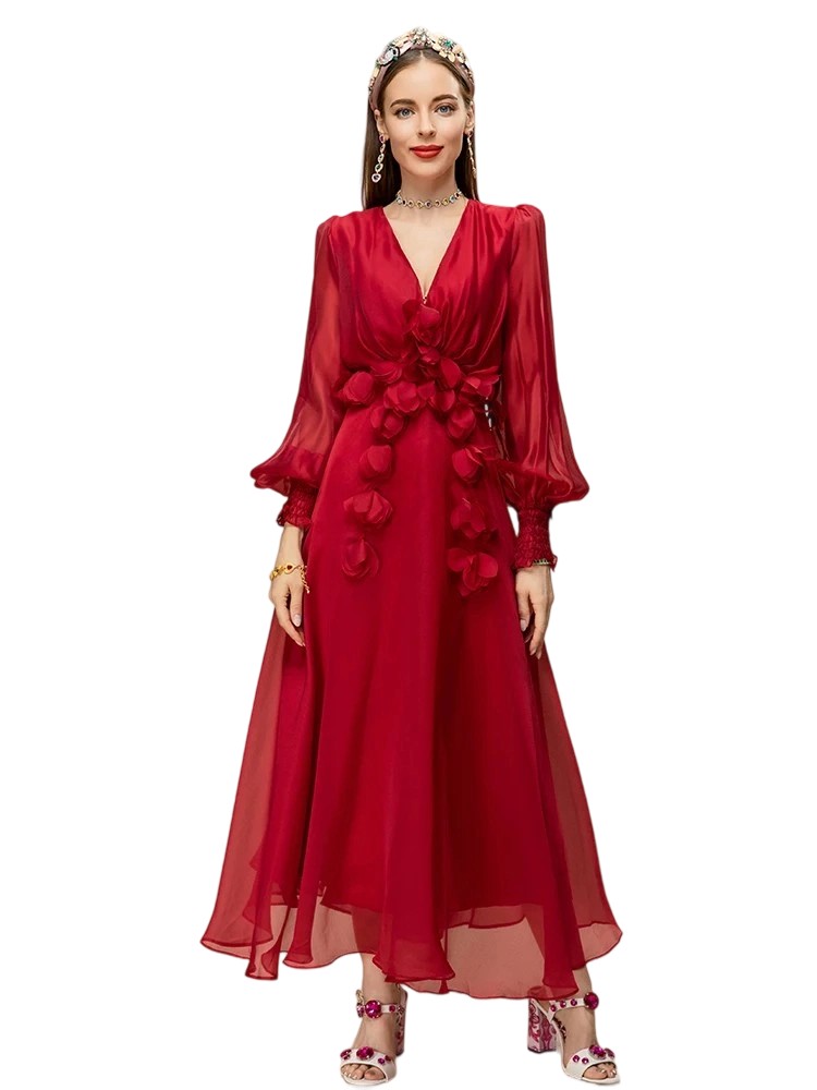 Red V-Neck Applique Chiffon Dress
