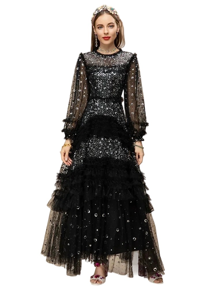 Luxury Metal Ruffle Lace Dress