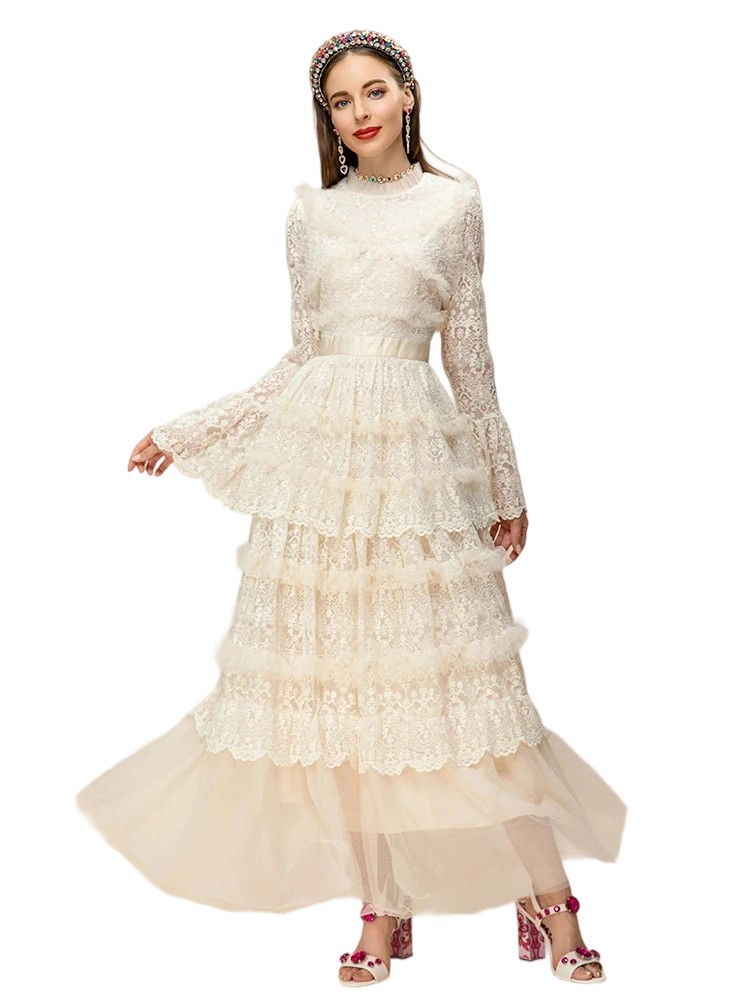 Cream Ruffle Hollow Netting Dress