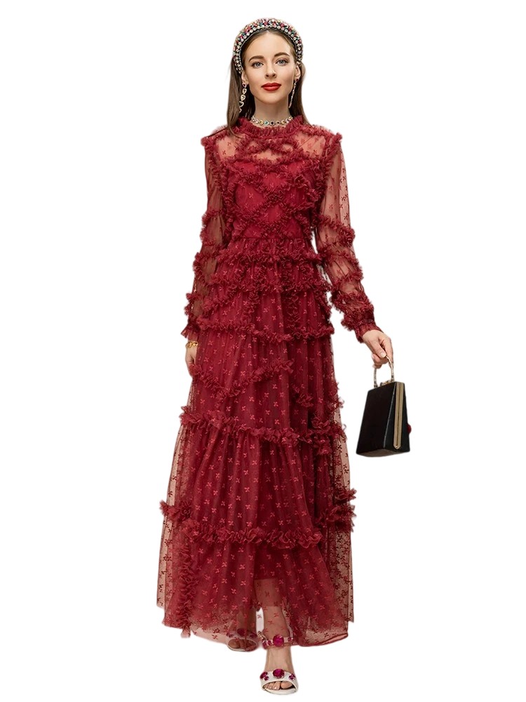 Wine Red Dot Plaid Ruffle Dress