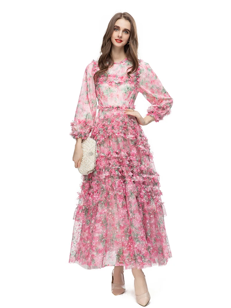 Vintage Pink Ruffle Party Long Dress