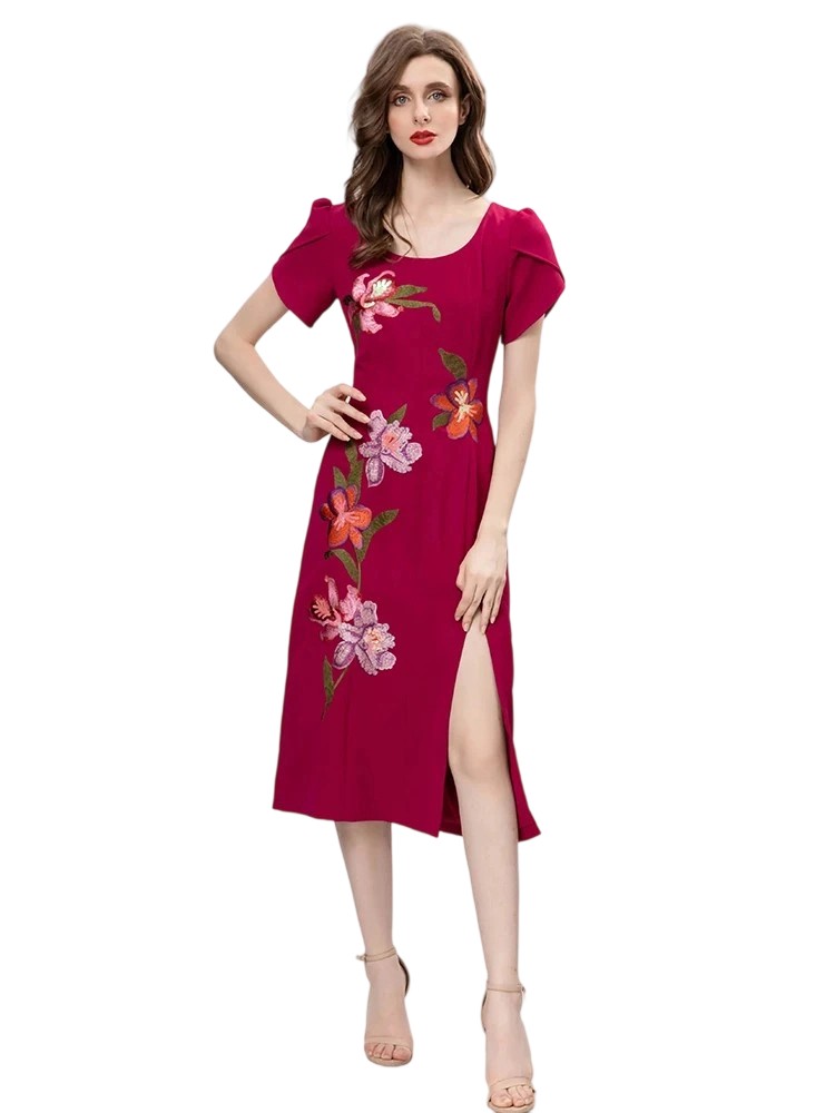 Red Embroider Slim Midi Dress