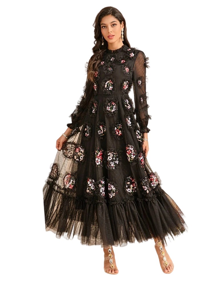 New Style Runway Designer Dress Women's Elegant Net Yarn Polka Dot Embroidery Edible Tree Fungus Dresses