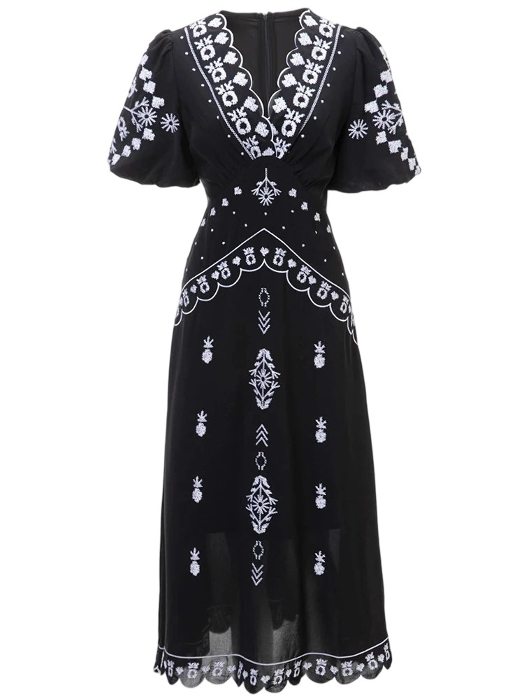 Summer Black V-Neck Embroidery Dress