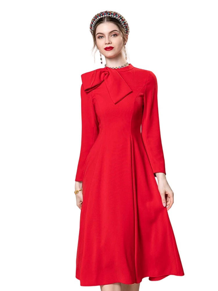 Winter Red Bow Luxury Draped Dress