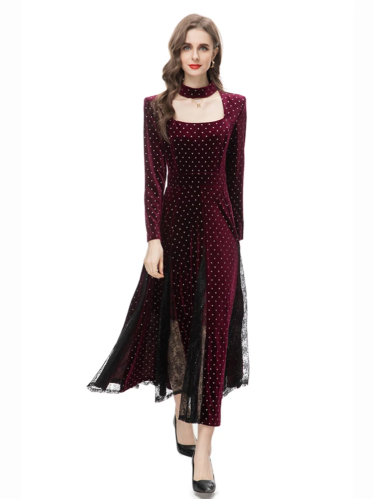 Autumn Winter Black Dot Diamond Beach Dress