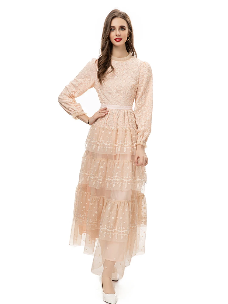 Autumn White Lace Ruffle High Waist Dress