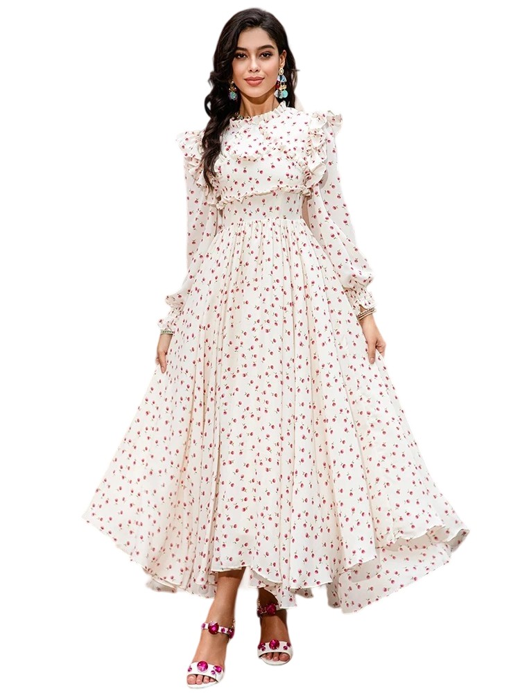 Designer Spring Flower Print Vacation Dress