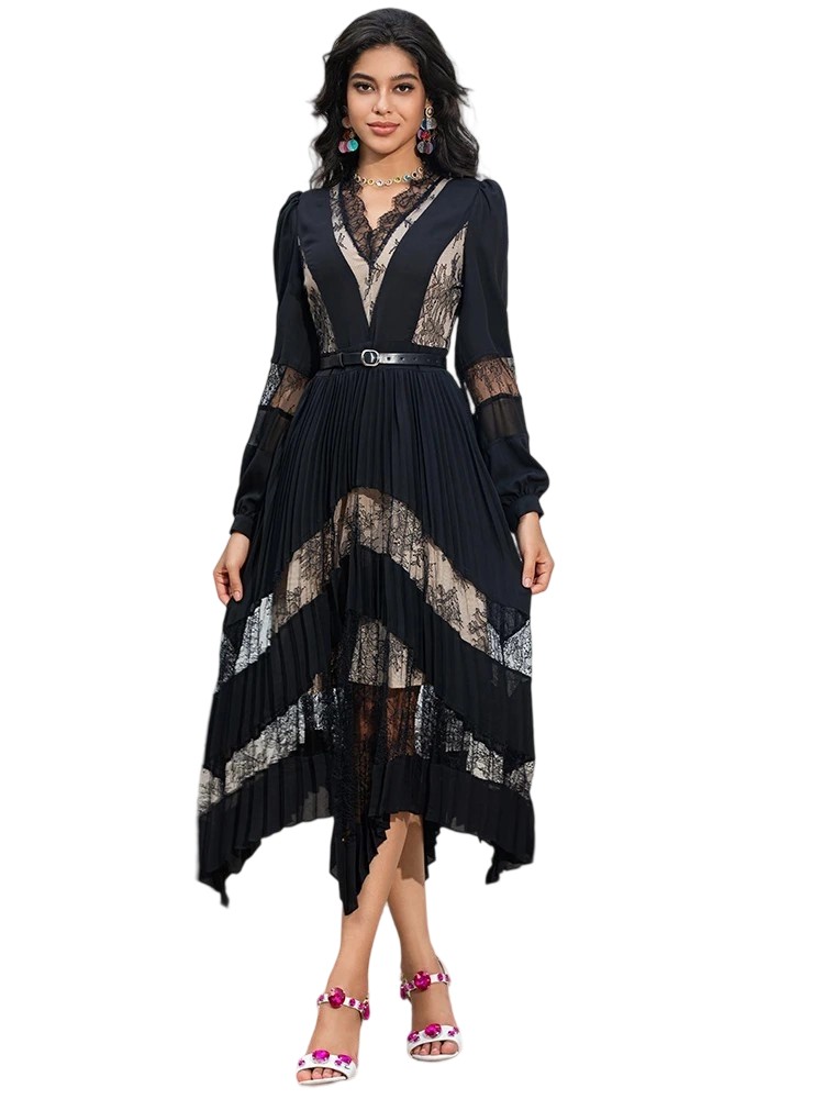 Runway Black Lace Pleated Irregular Dress