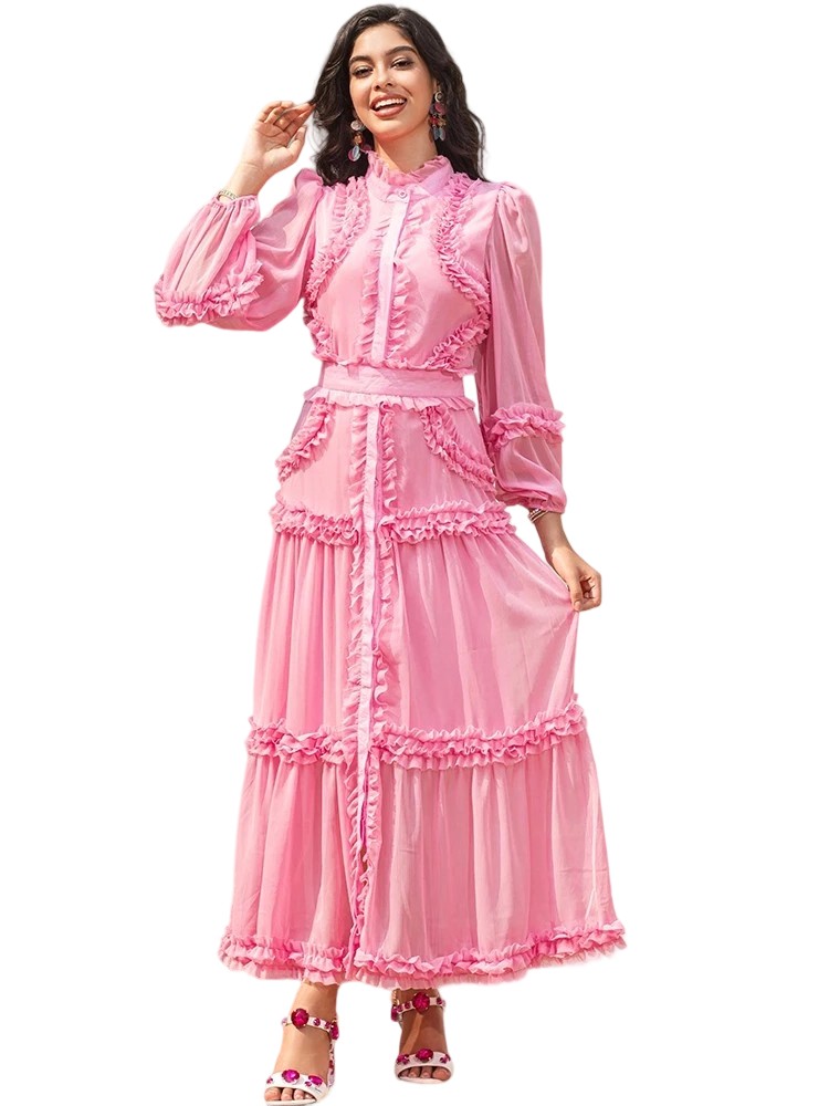 Runway Pink Belted Lantern Sleeve Dress