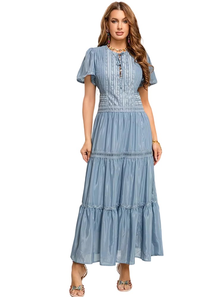 Retro Embroidered Lace Splicing Long Dress