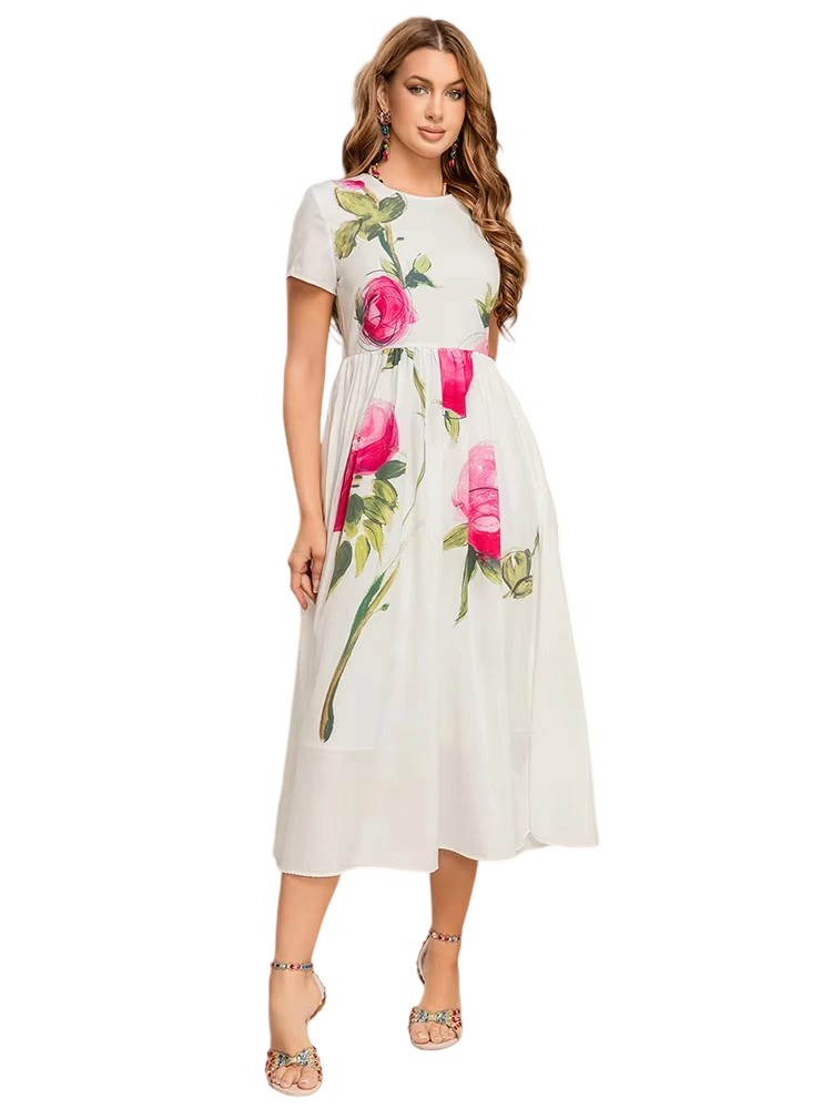 Spring/Summer Rose Print High Waist Dress