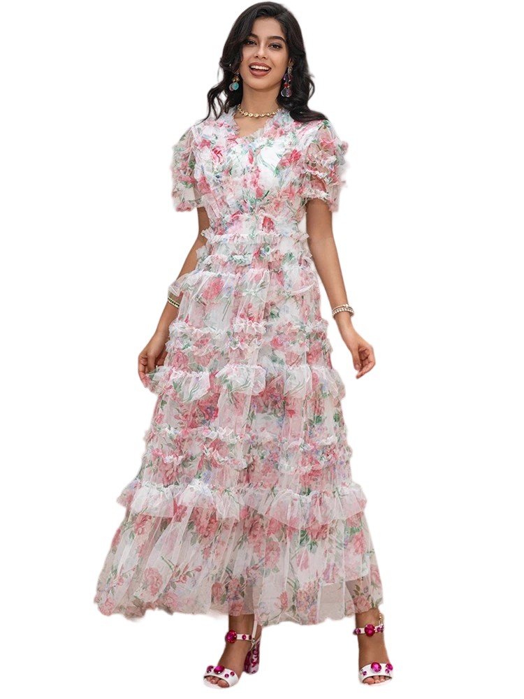 Designer Pink Floral Mesh Summer Party Dress