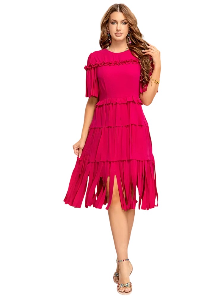 Runway Black Laser-Cut Tassel Mid Dress
