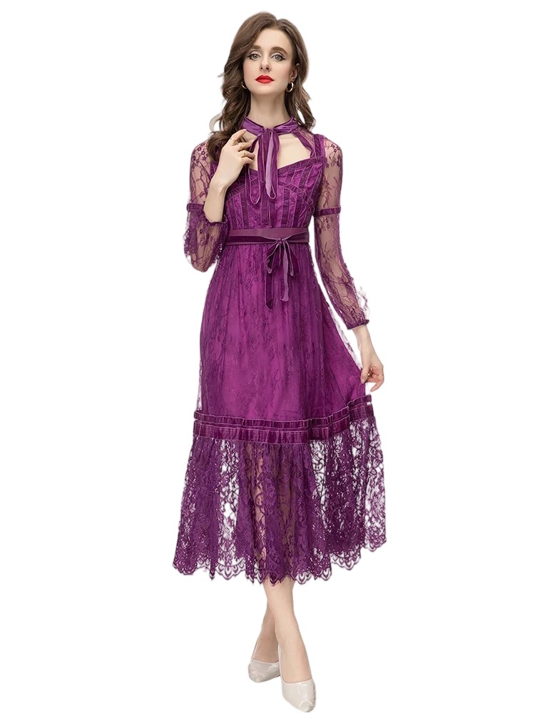 Purple Bow Collar High Waist Party Dress
