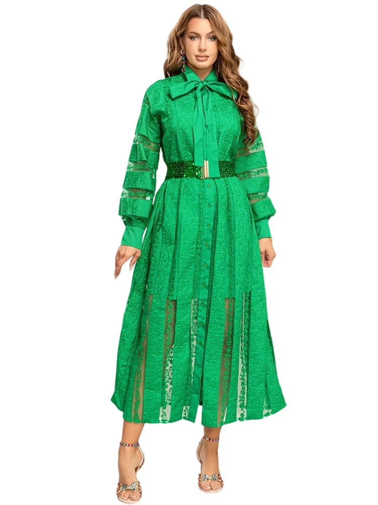 Runway Mesh Waist-Cinching Bow Dress