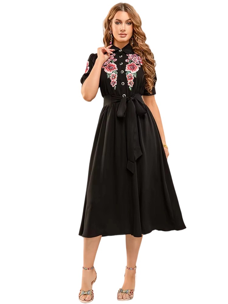 Spring/Summer Ethnic Embroidered Sparkle Shirt Dress