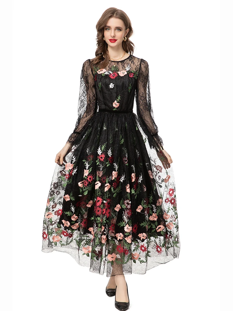 Black Splice Transparent Lace Runway Dress