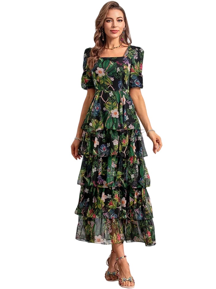 Summer Boho Floral Ruffle Chiffon Dress